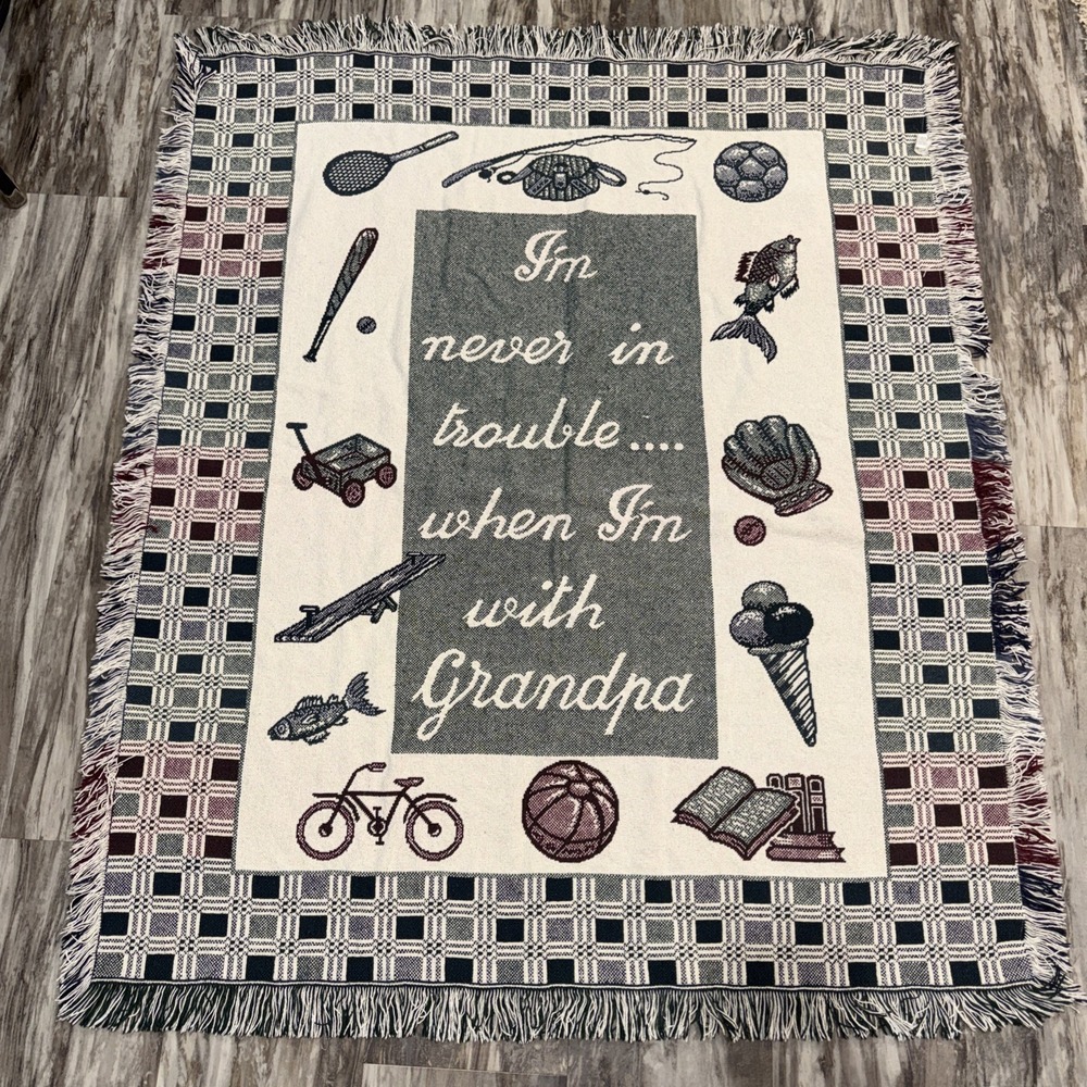 Vintage I'm Never In Trouble When I'm With Grandpa Woven Tapestry Throw Blanket